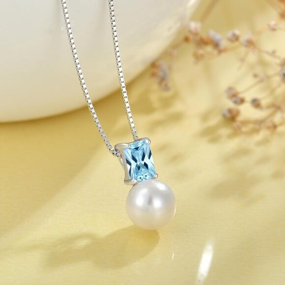 925 Sterling Silver Pearl Pendant Necklace with Baguette Birthstones for Women - Picture 3 of 5